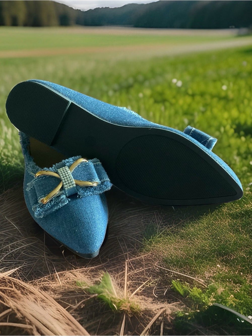 Denim Blue Pointed Toe Flats Gold Bow Rhinestone Accent Size 40 / US 9 - Picture 10 of 10